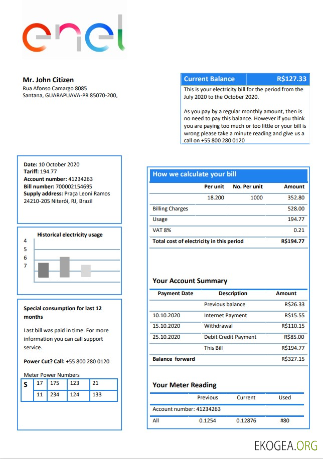 Brazil ENEL electricity utility bill template in Word and PDF format